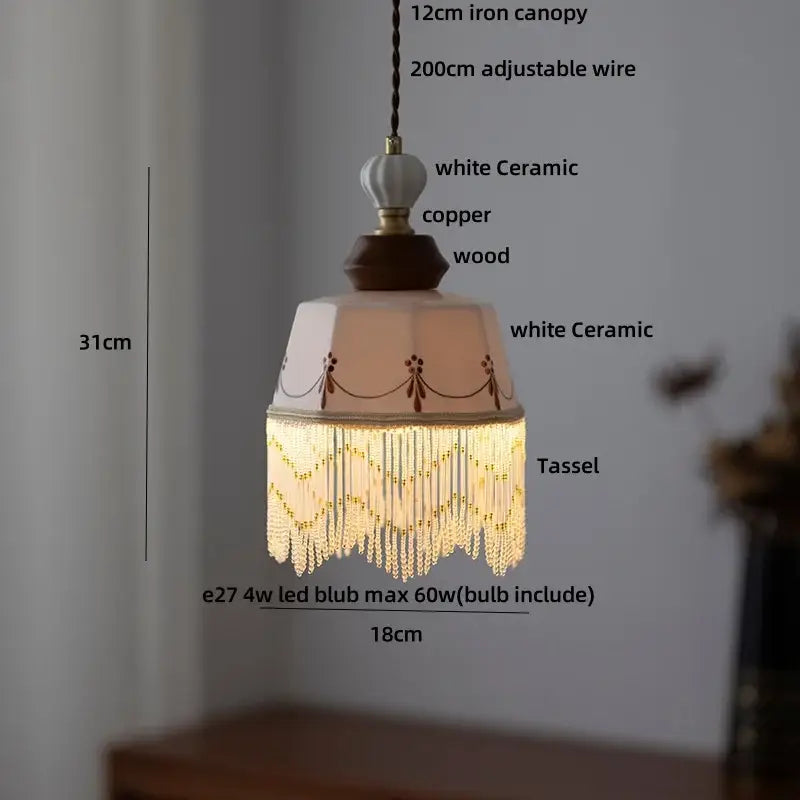 Cream ceramic rose flower pendant lamp with wood for dining room