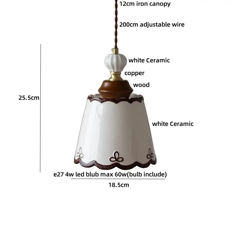 Cream ceramic rose flower pendant lamp with wood for dining room