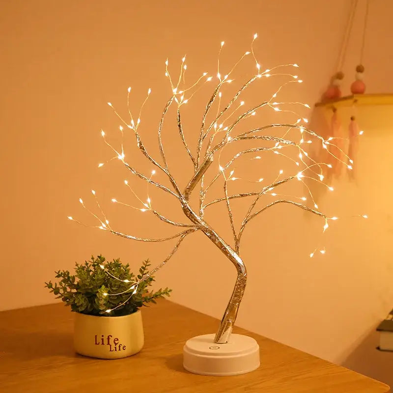 Golden tree fairy light rose leaf lamp – bedroom decoration