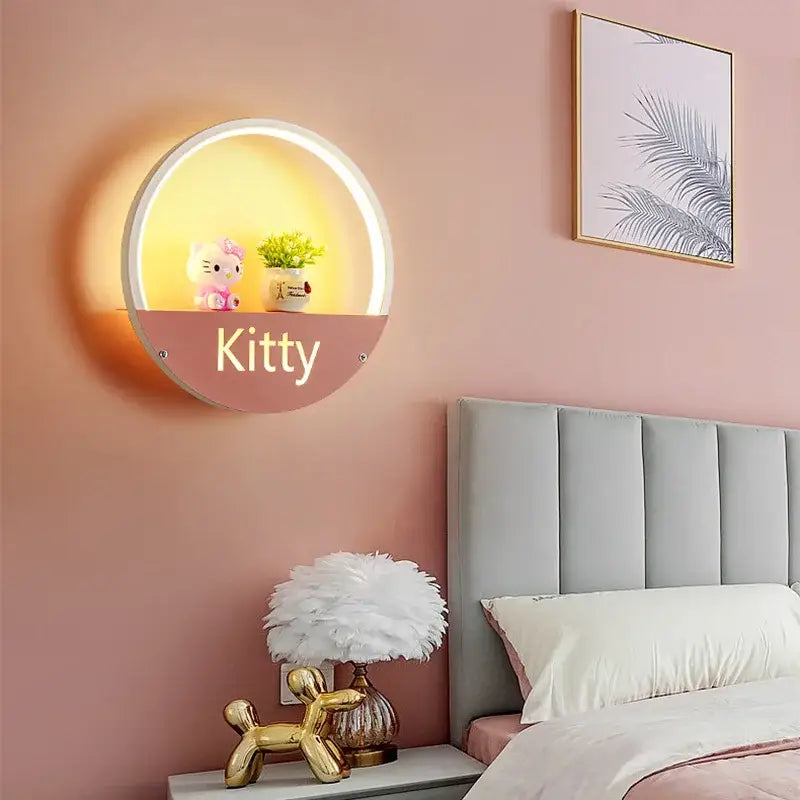 Modern round wall lamp with figurine shelf for children bedroom