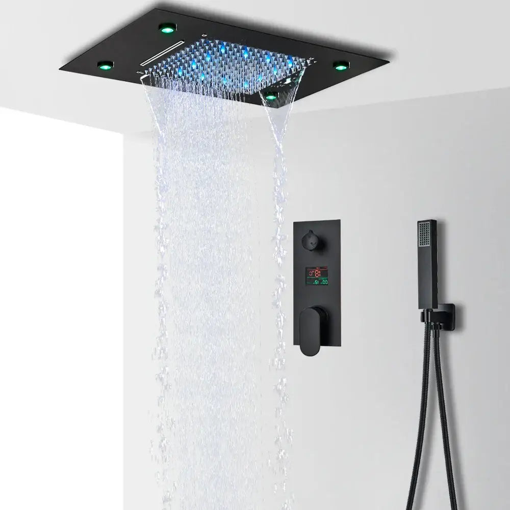 Modern black led shower faucet set bathroom rain waterfall system