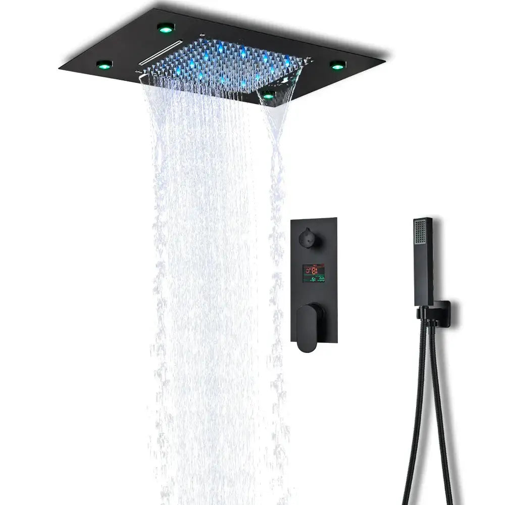 Modern black led shower faucet set bathroom rain waterfall system