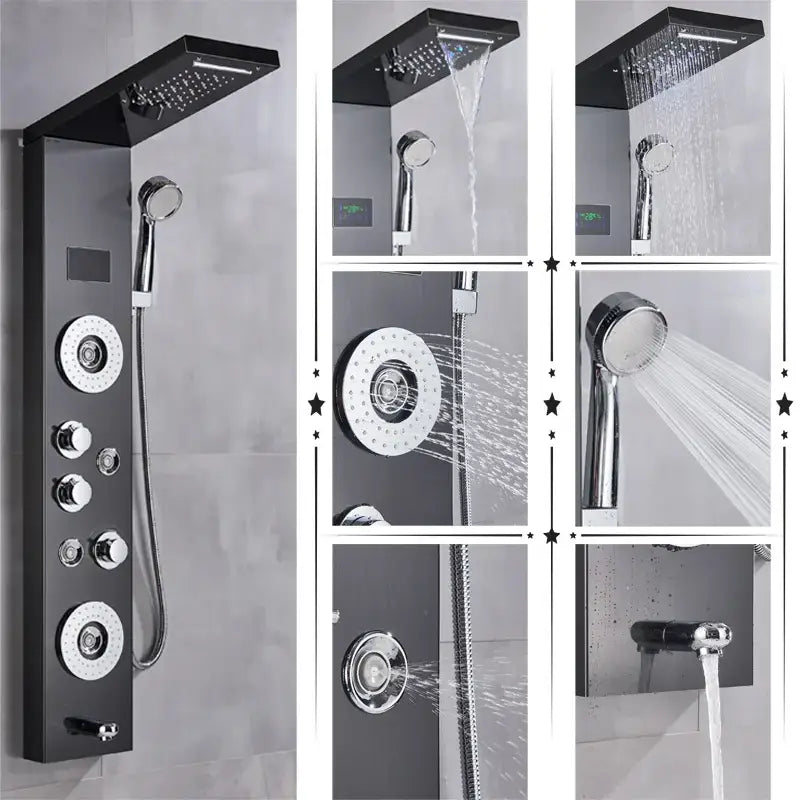 Modern black & chrome led shower panel bathroom massage system