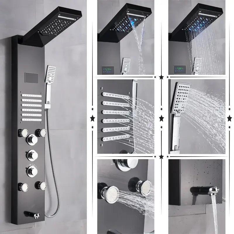 Modern black & chrome led shower panel bathroom massage system