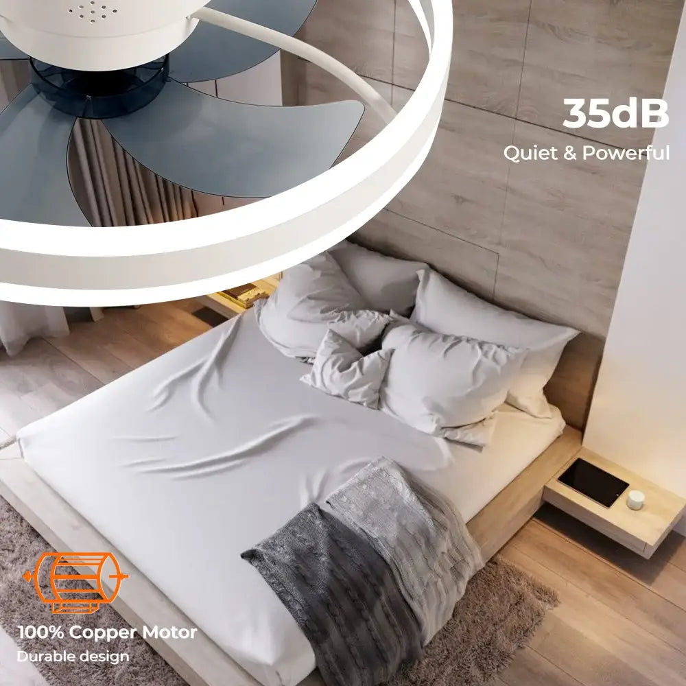 Modern black & white circular ceiling fan light bedroom decor