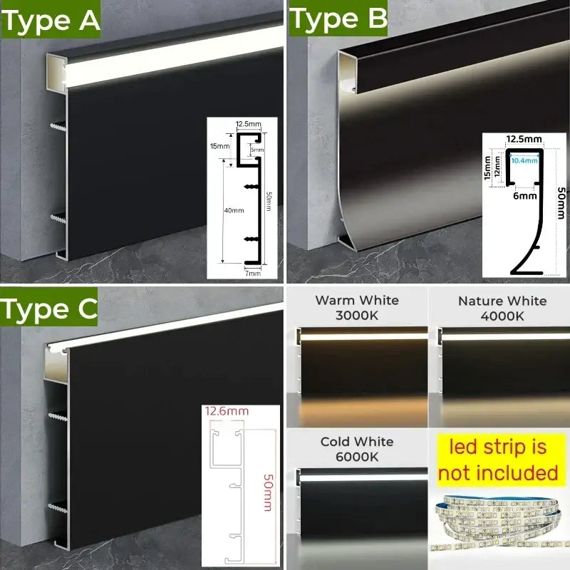 Modern black aluminum led skirting profile living room recessed light