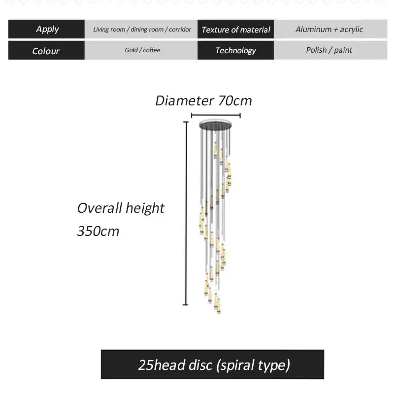 Modern gold & black led spiral chandelier stairwell pendant light