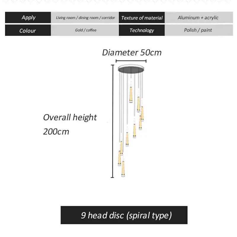 Modern gold & black led spiral chandelier stairwell pendant light