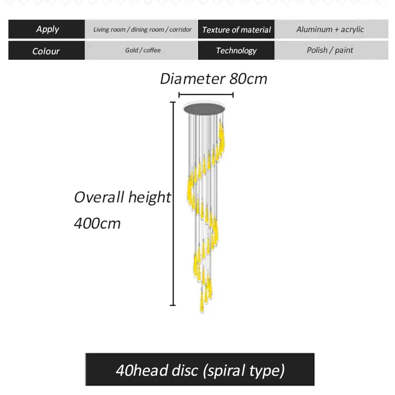 Modern golden led spiral chandelier stairwell pendant light