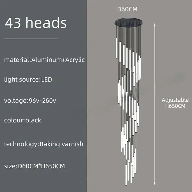 Modern black led spiral staircase ceiling chandelier for living room