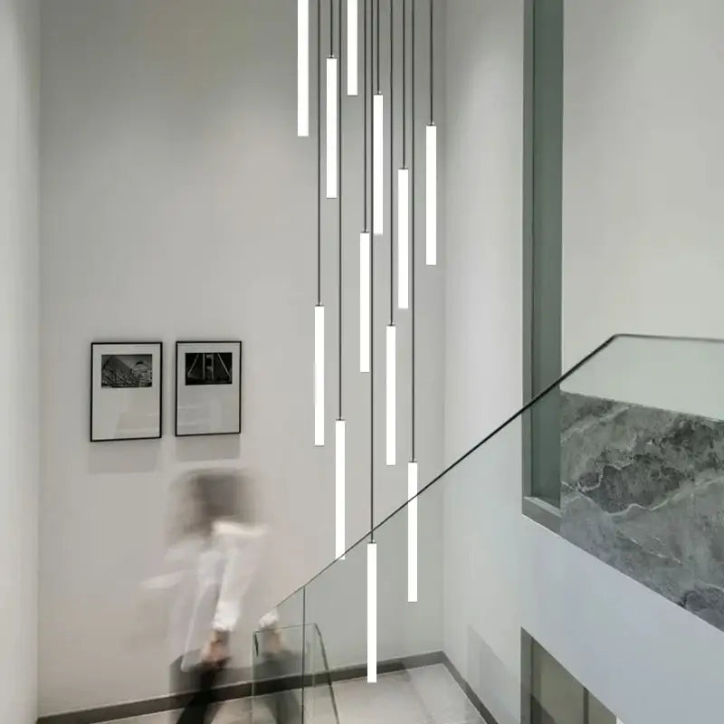 Modern black & white led spiral staircase chandelier living room