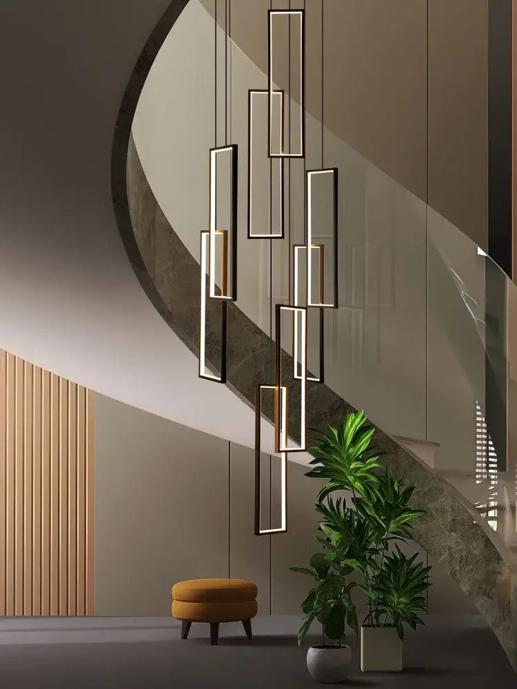 Modern black & gold led stair chandelier living room geometric light
