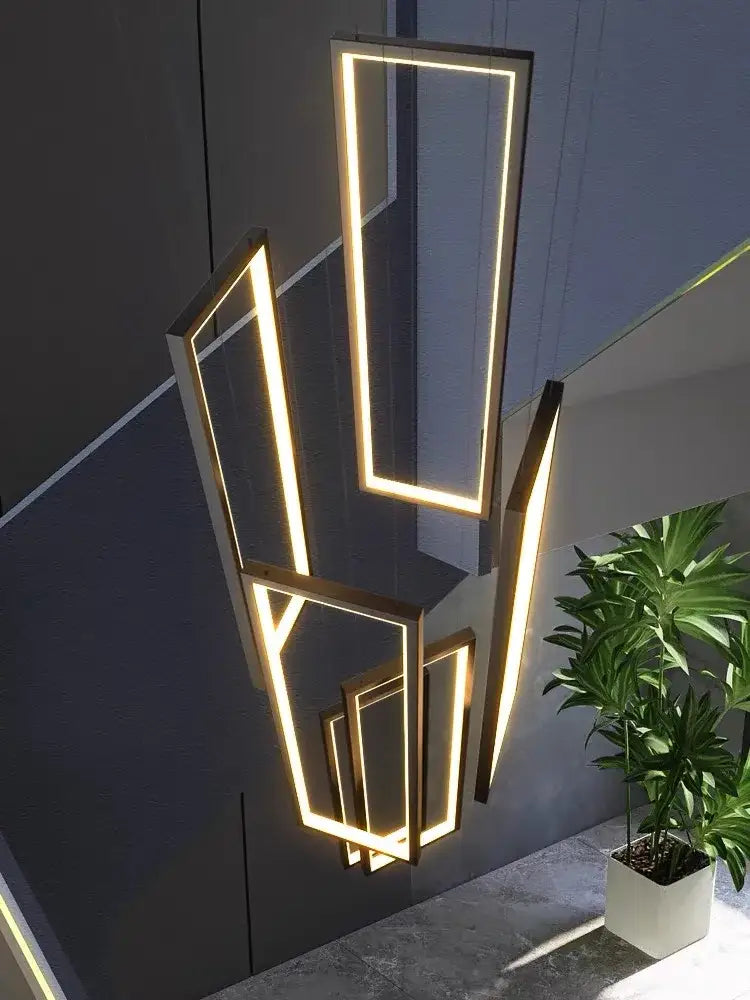 Modern black & gold led stair chandelier living room geometric light