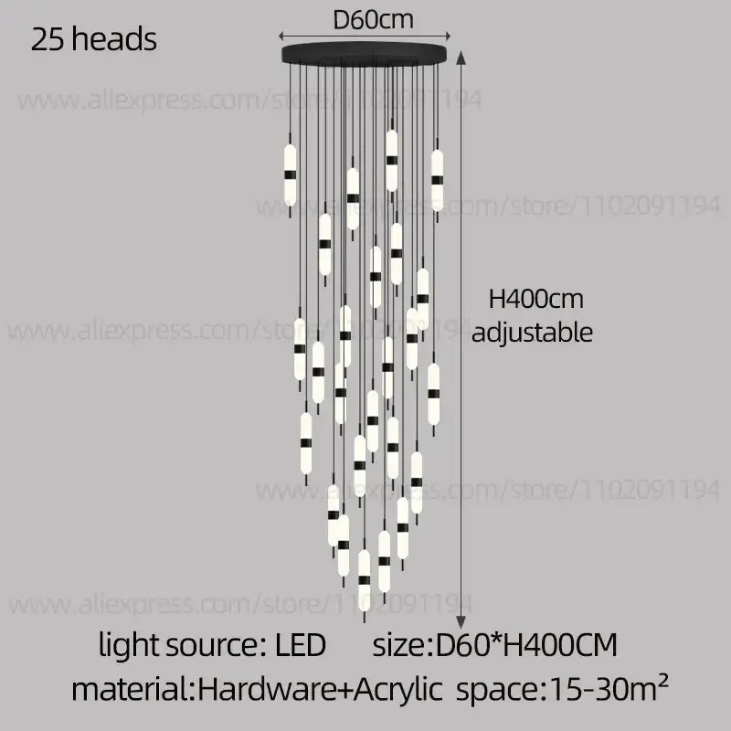 Modern minimalist black & white led staircase chandelier living room