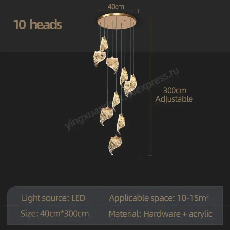 Modern golden shell decorbites led staircase chandelier dining room