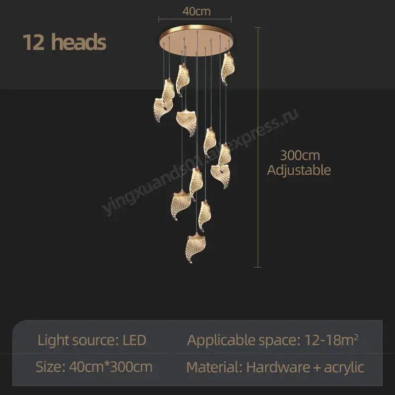Modern golden shell decorbites led staircase chandelier dining room