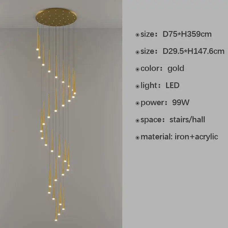Modern black spiral led staircase chandelier for villa living room