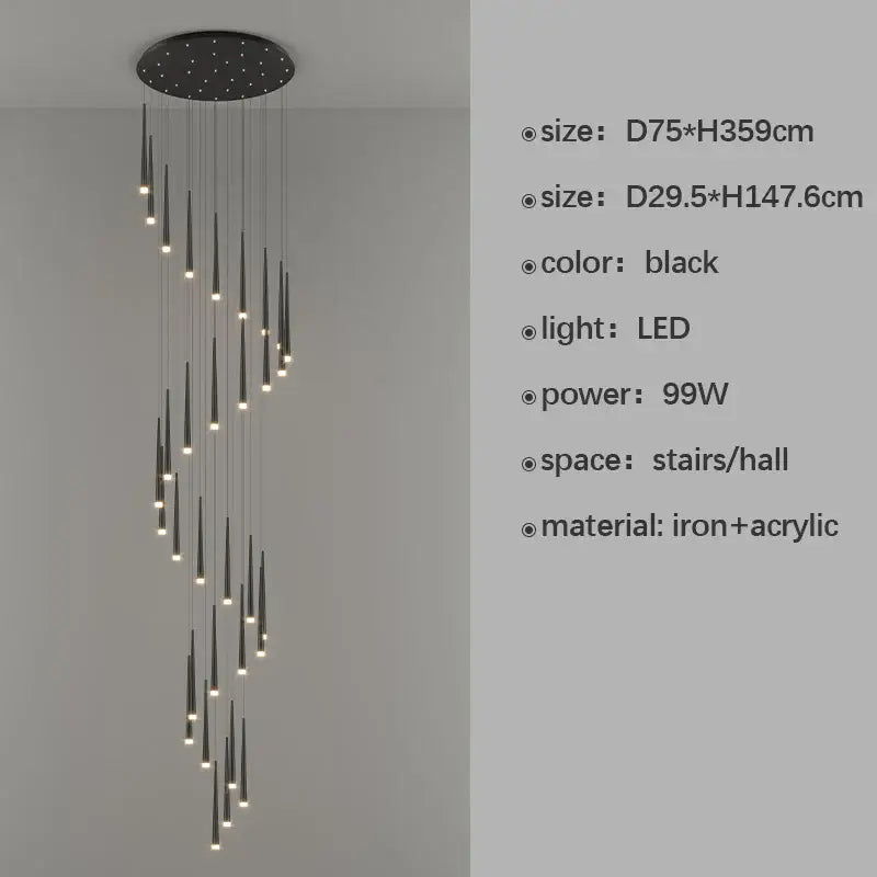 Modern black spiral led staircase chandelier for villa living room