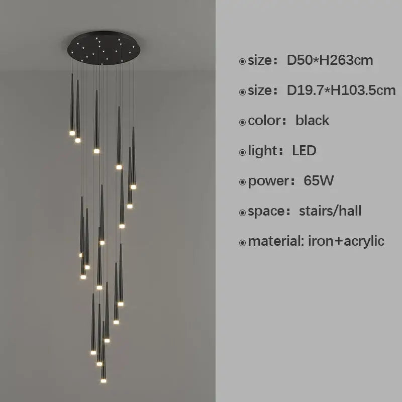 Modern black spiral led staircase chandelier for villa living room