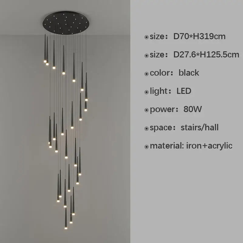 Modern black spiral led staircase chandelier for villa living room