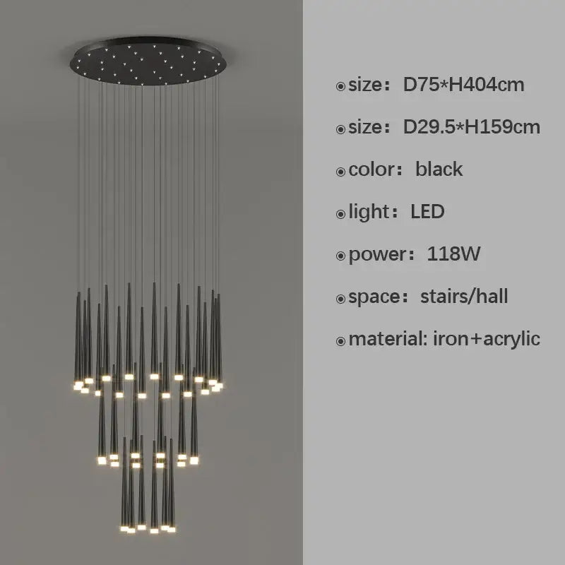 Modern black spiral led staircase chandelier for villa living room