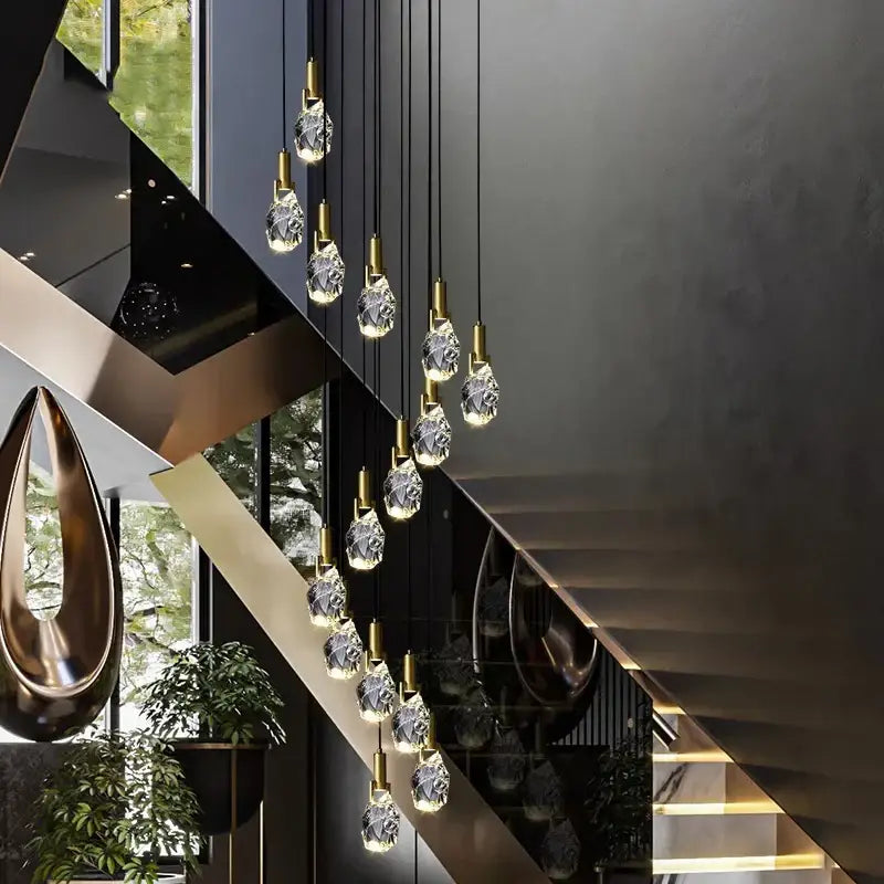 Modern gold crystal led staircase chandeliers living room pendant light