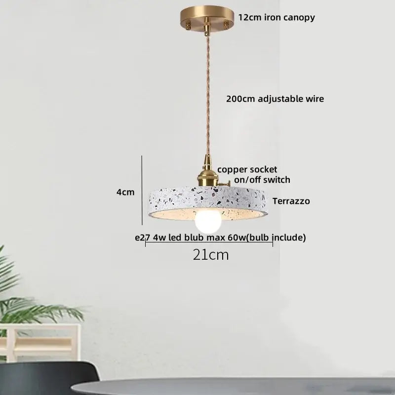 Minimalist white terrazzo and wood led pendant lamp kitchen light