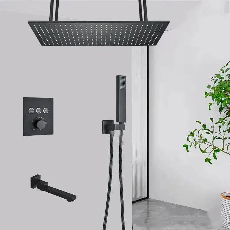 Matte black led thermostatic rainfall shower system with tub spout