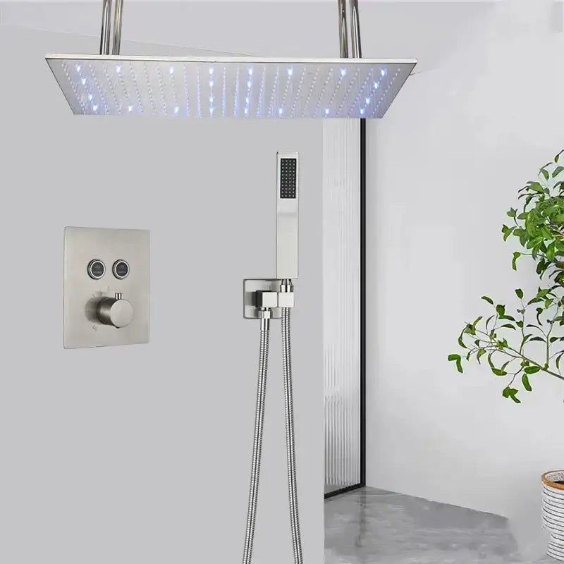 Matte black led thermostatic rainfall shower system with tub spout