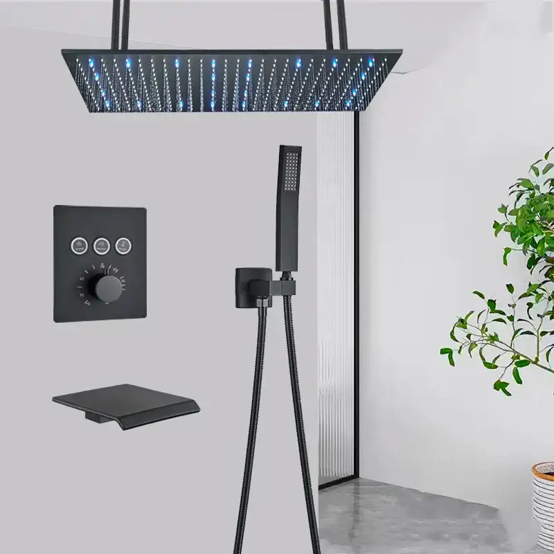 Matte black led thermostatic rainfall shower system with tub spout