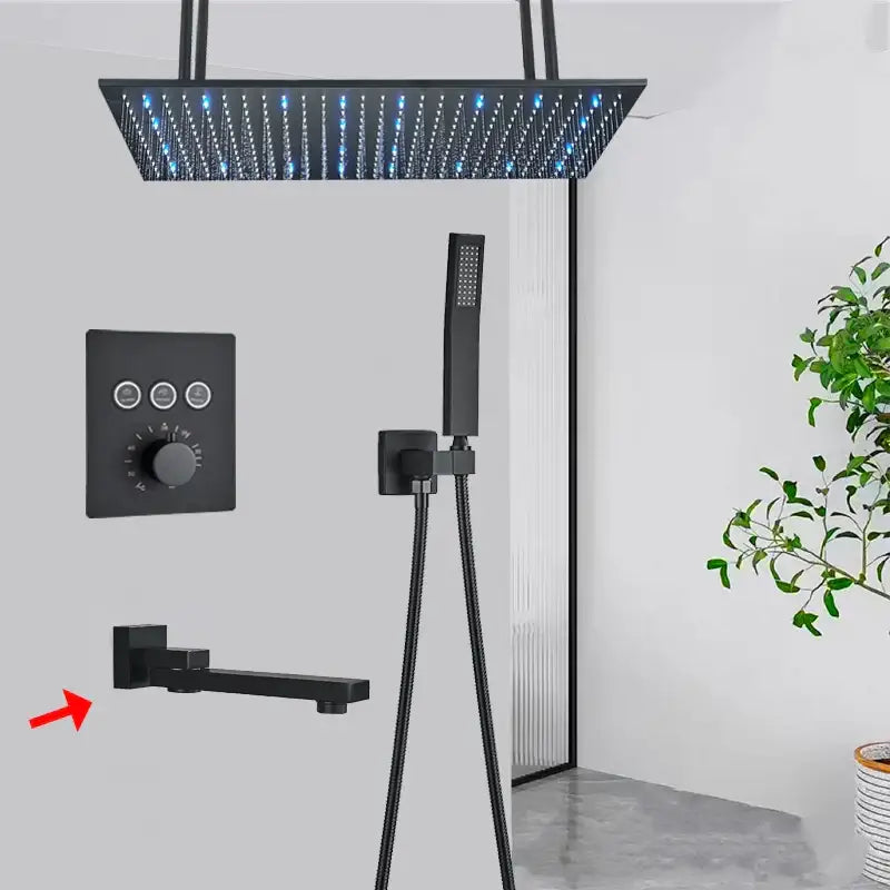 Matte black led thermostatic rainfall shower system with tub spout