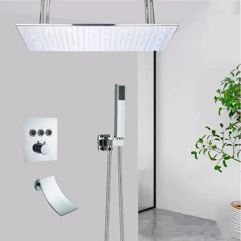 Matte black led thermostatic rainfall shower system with tub spout