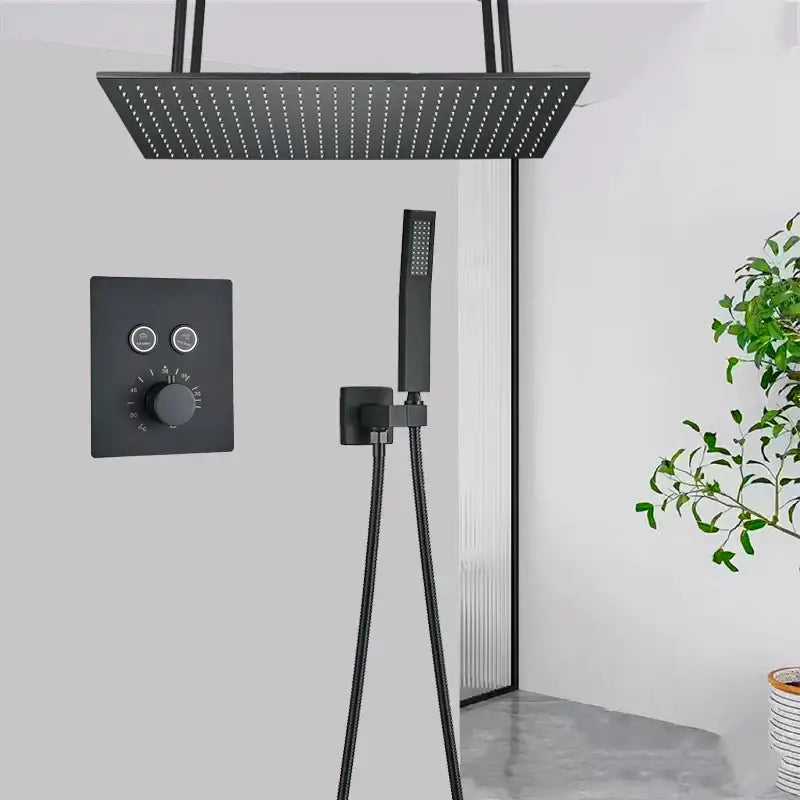 Matte black led thermostatic rainfall shower system with tub spout