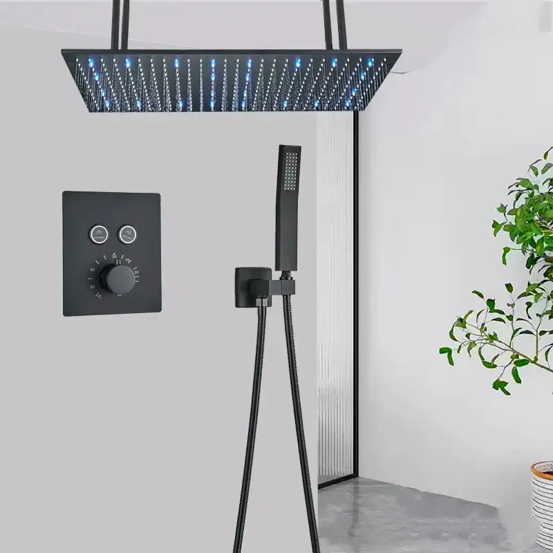 Matte black led thermostatic rainfall shower system with tub spout