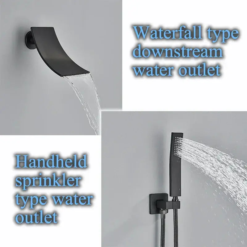 Matte black led thermostatic rainfall shower system with tub spout