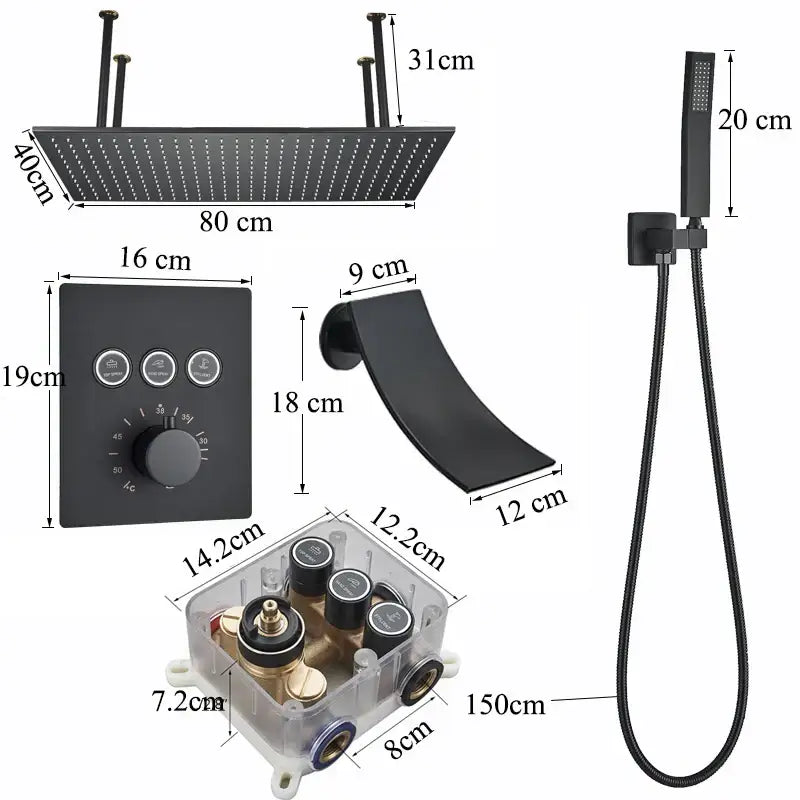 Matte black led thermostatic rainfall shower system with tub spout