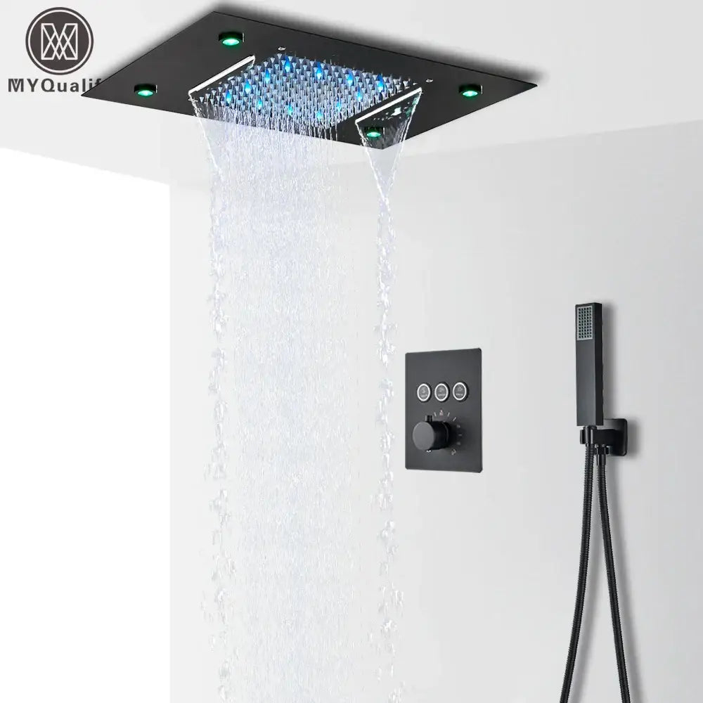 Modern black led waterfall shower faucet set bathroom rain system
