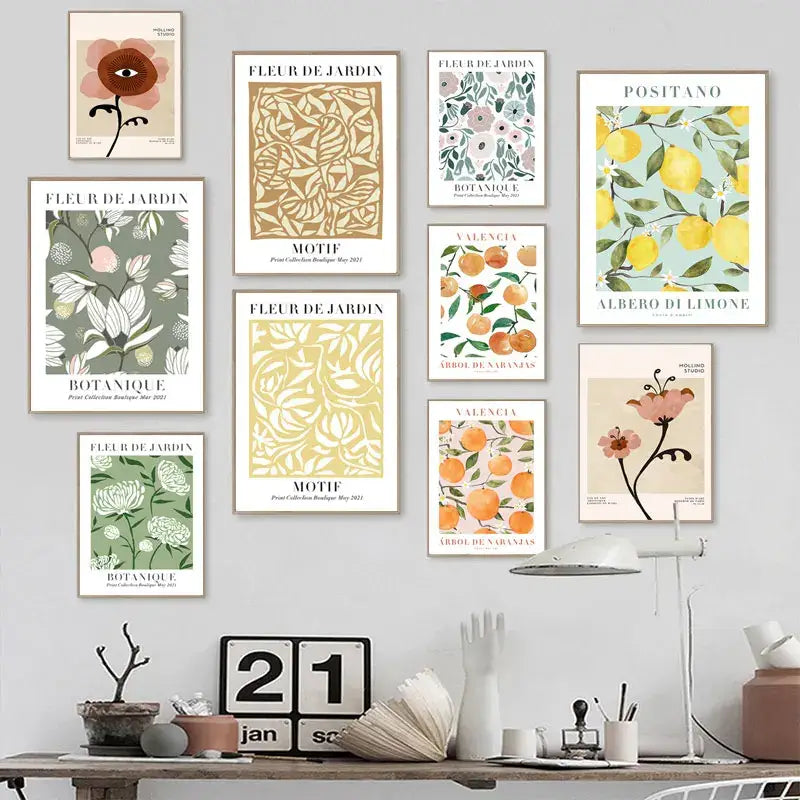 Vintage lemon flower botanical wall art set of 6 kitchen prints