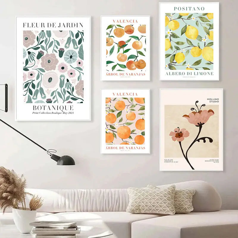 Vintage lemon flower botanical wall art set of 6 kitchen prints