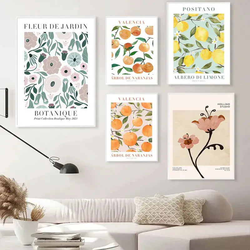 Vintage lemon flower botanical wall art set of 6 kitchen prints