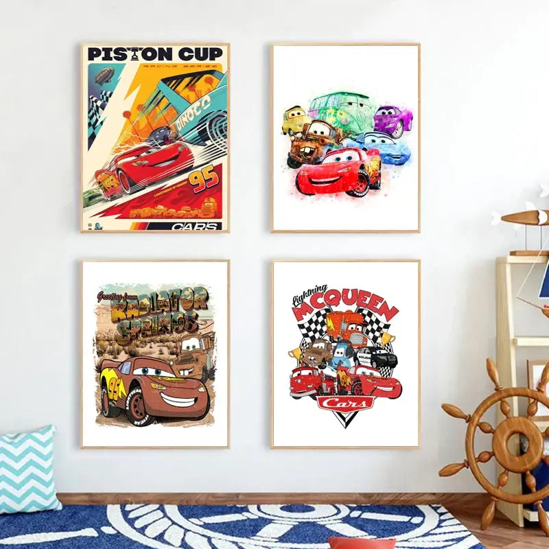 Lightning mcqueen cartoon car art framed prints for boys bedroom