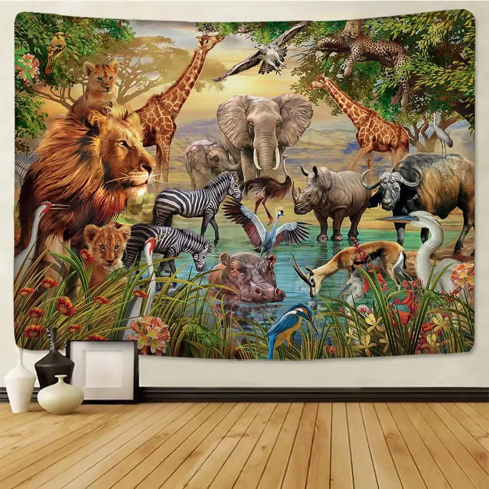 Decorbites lion tapestry silver grassland animal wall hanging bedroom