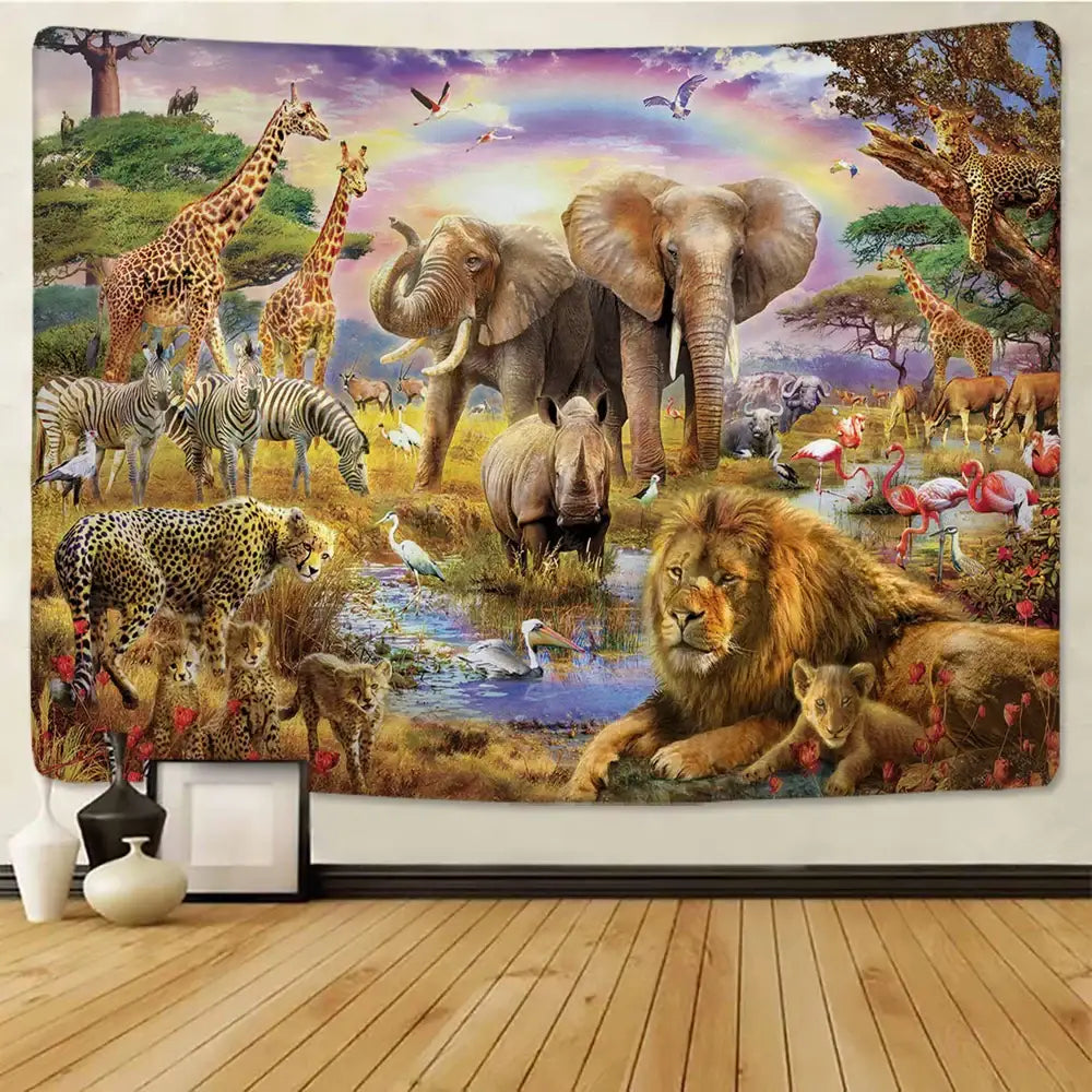 Decorbites lion tapestry silver grassland animal wall hanging bedroom