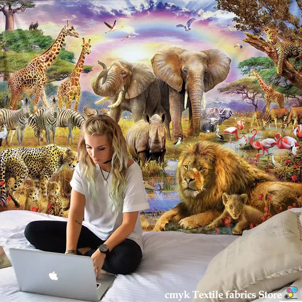 Decorbites lion tapestry silver grassland animal wall hanging bedroom