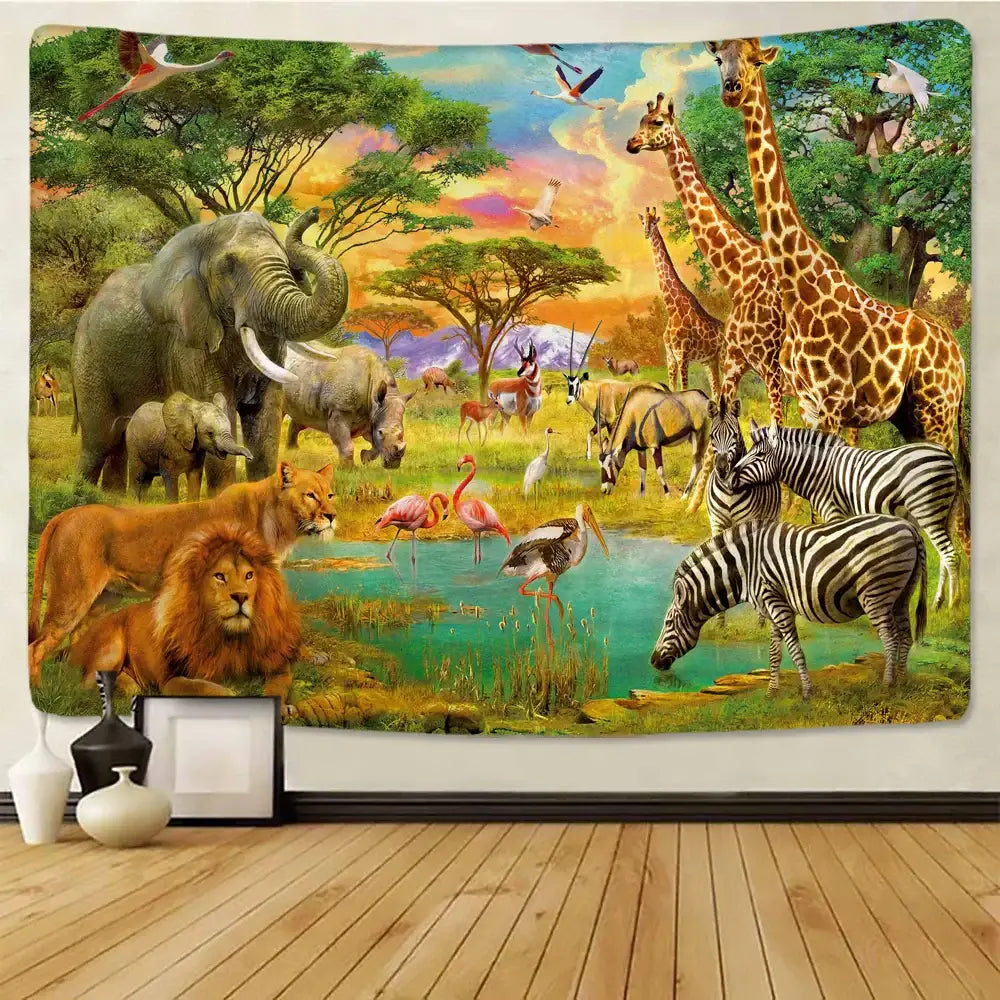 Decorbites lion tapestry silver grassland animal wall hanging bedroom