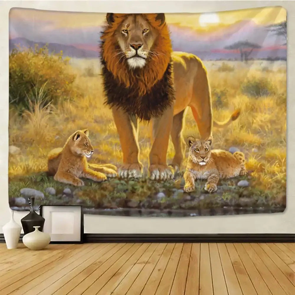 Decorbites lion tapestry silver grassland animal wall hanging bedroom