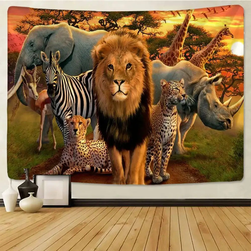 Decorbites lion tapestry silver grassland animal wall hanging bedroom