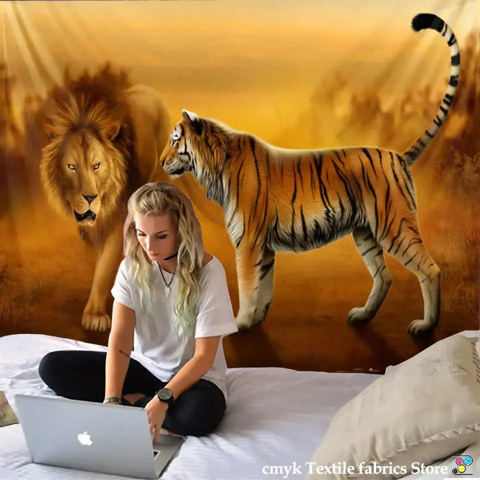 Decorbites lion tapestry silver grassland animal wall hanging bedroom