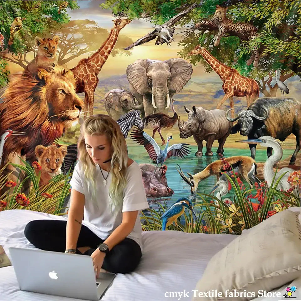 Decorbites lion tapestry silver grassland animal wall hanging bedroom
