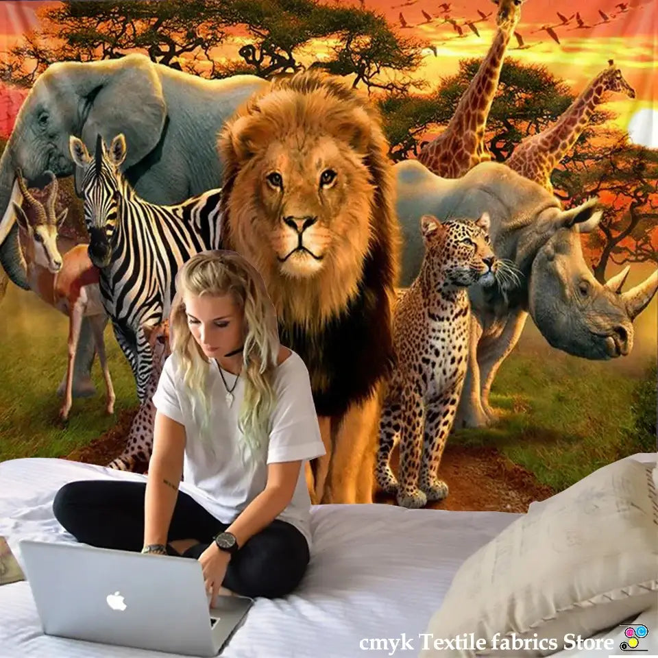 Decorbites lion tapestry silver grassland animal wall hanging bedroom